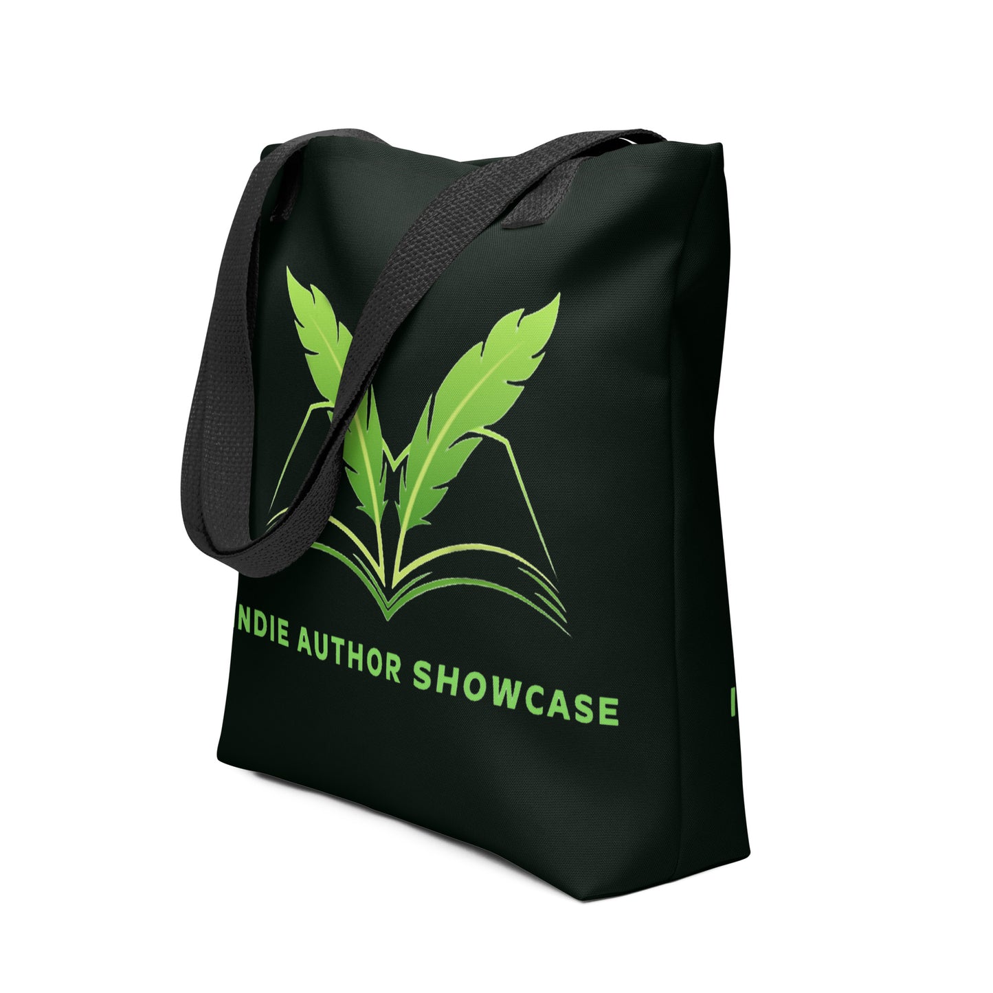 Indie Author Showcase Tote bag featuring a bold design with green feathers and an open book.