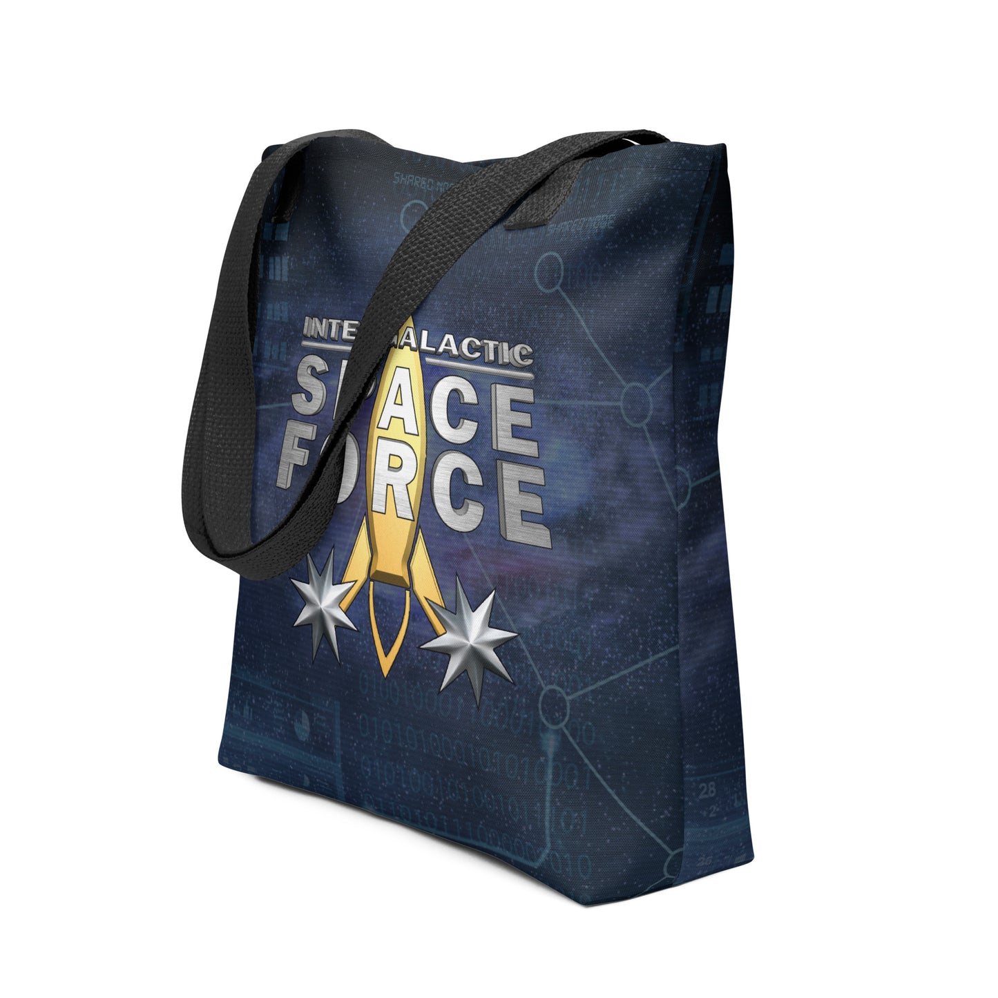 Intergalactic Space Force Tote bag featuring a cosmic design and sturdy straps for versatile use.