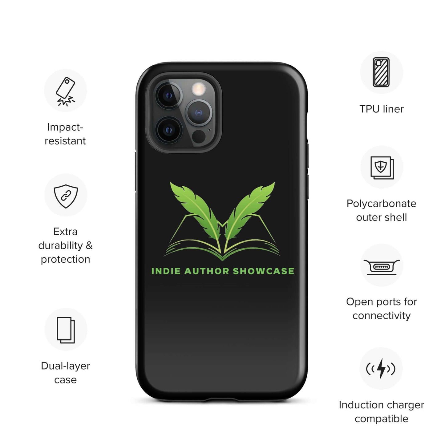 Indie Author Showcase Tough iPhone Case with dual-layer design, impact-resistant polycarbonate, and shock-absorbing TPU liner, featuring logo.