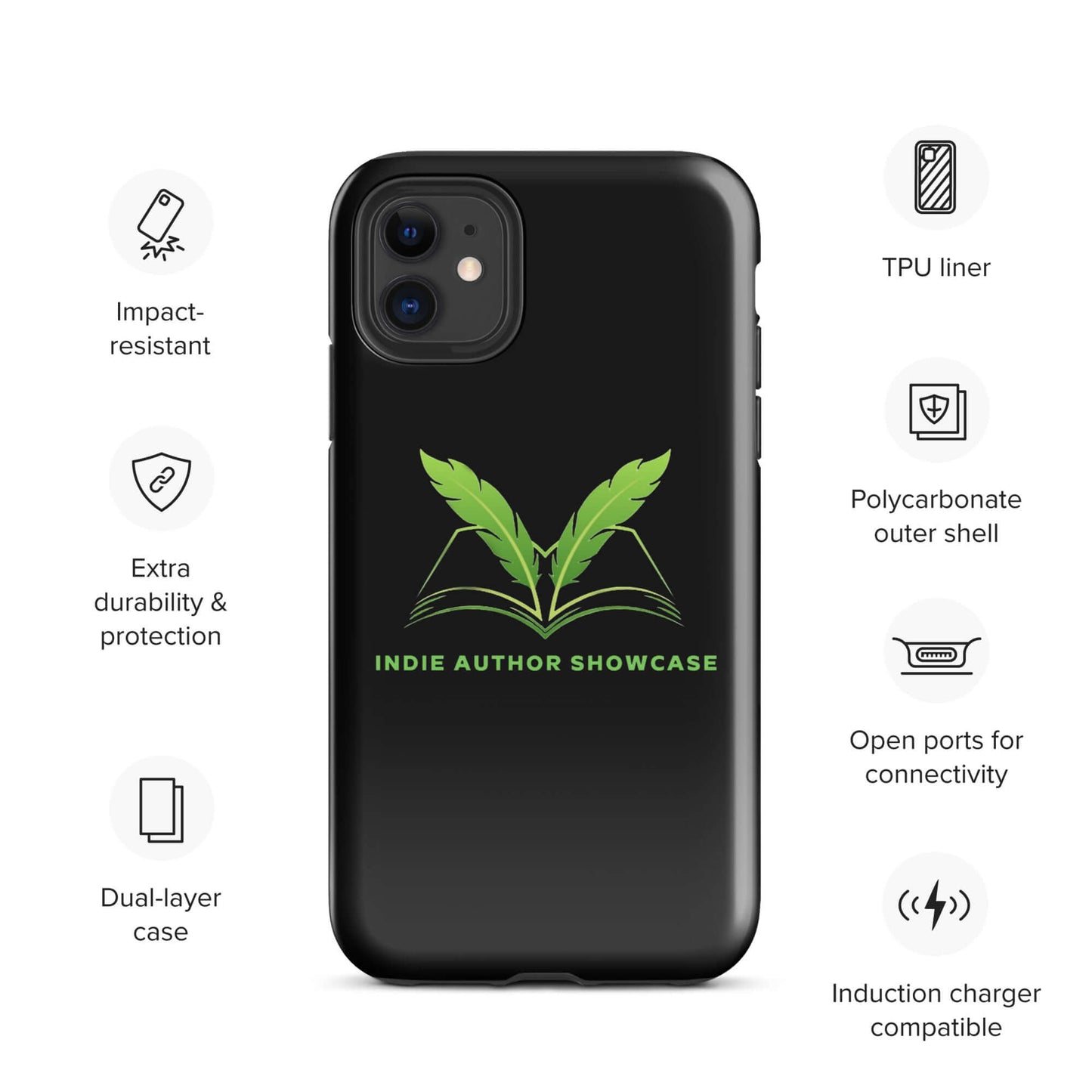 Indie Author Showcase Tough Case for iPhone with logo, features dual-layer design with polycarbonate outer shell and TPU liner for extra durability.