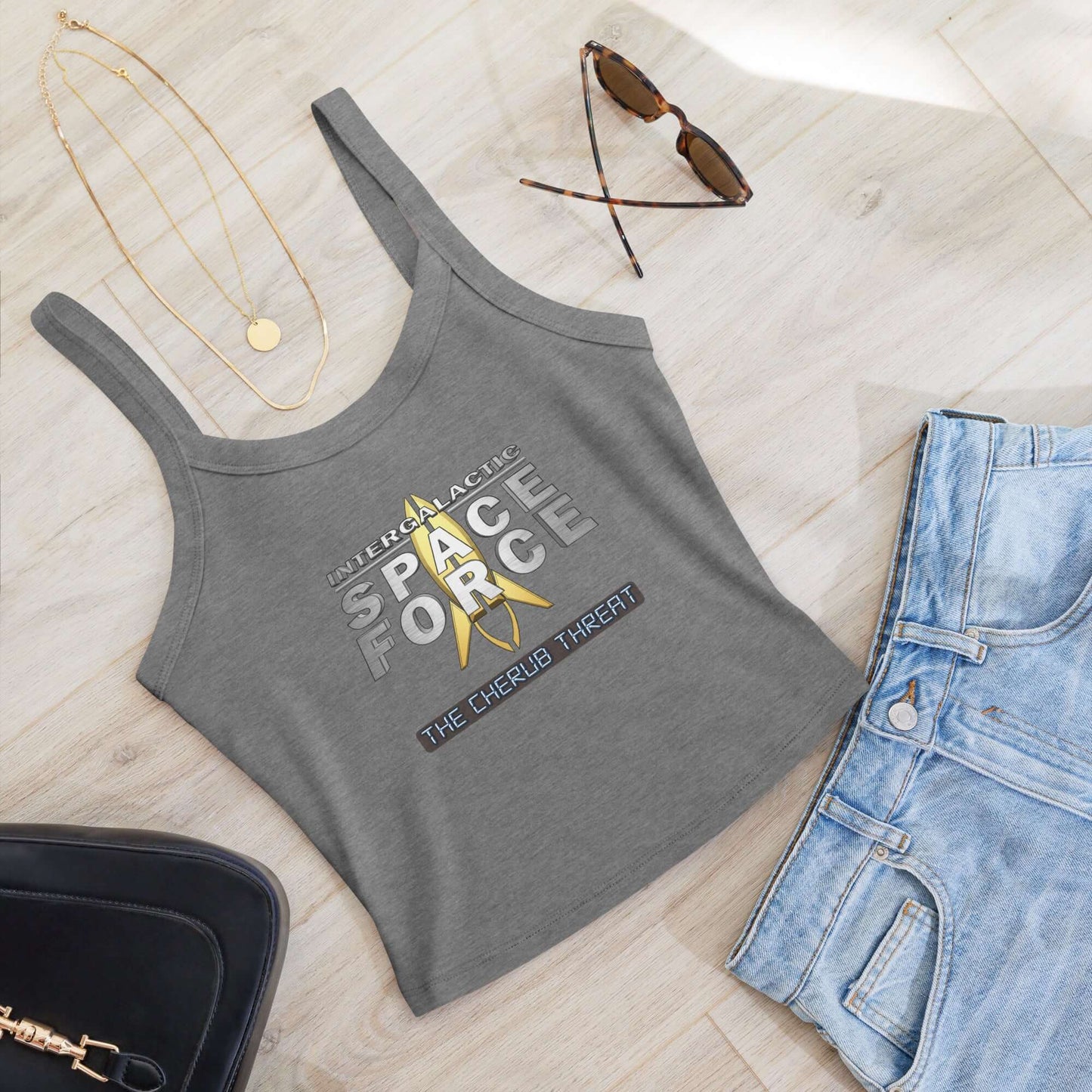 Women's Micro-Rib Tank Top with Intergalactic Space Force 2 – The Cherub Threat logo, paired with necklace, sunglasses, and denim shorts