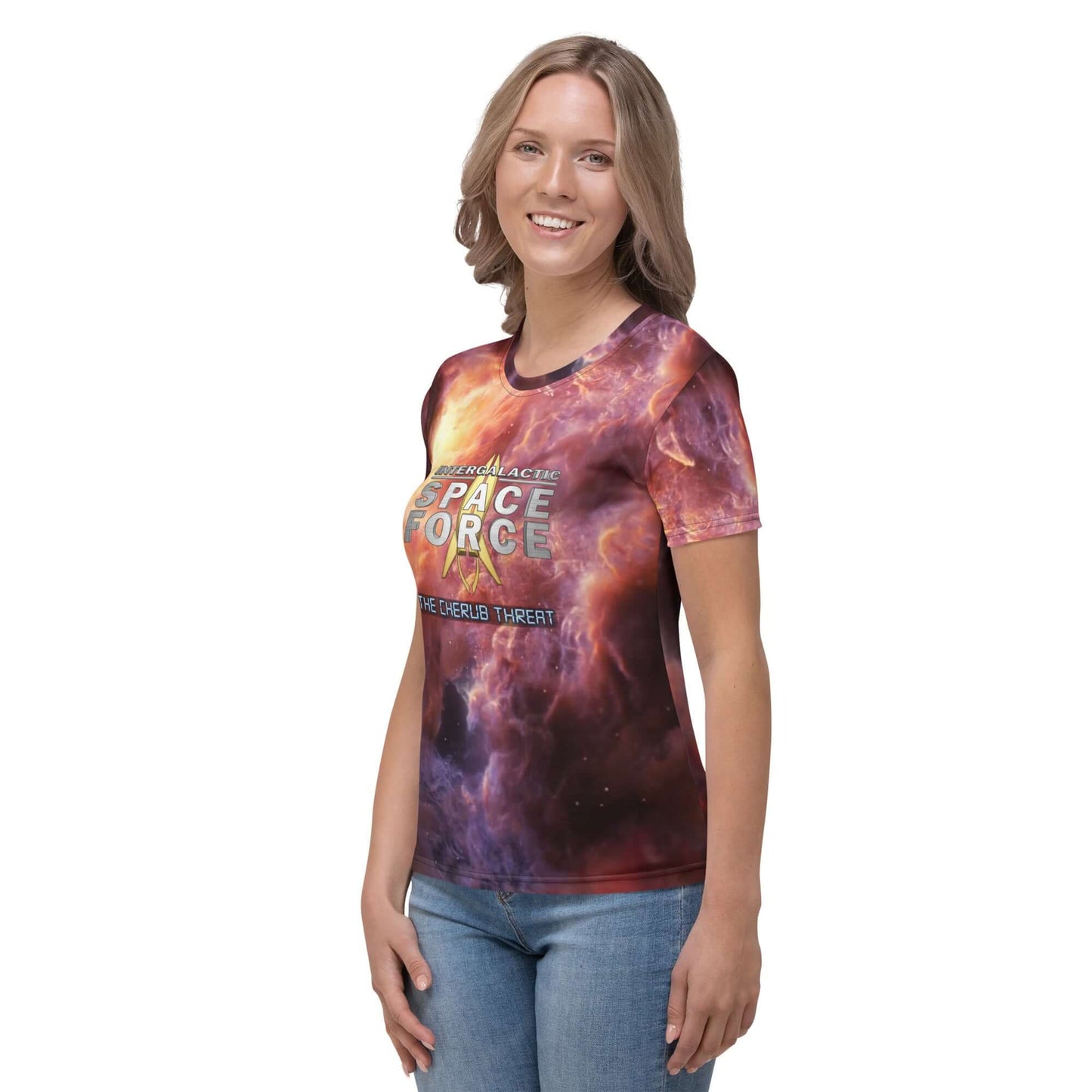Women's All-Over Print T-shirt | Intergalactic Space Force | Nebula - Spectral Ink Shop - Shirts & Tops -