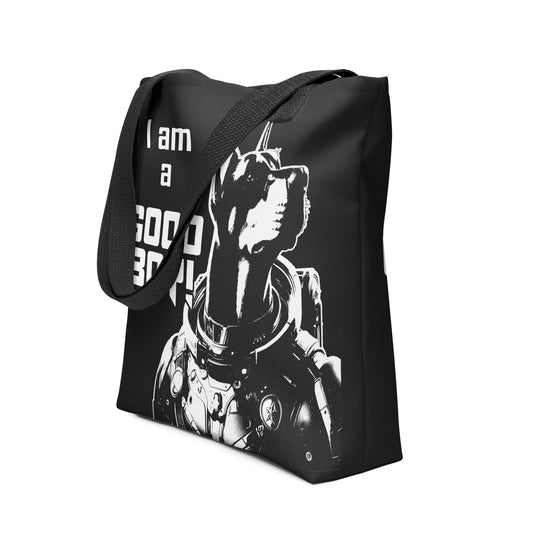 ISF 2 I Am A Good Boy tote bag featuring a stylish design of a dog in a spacesuit.
