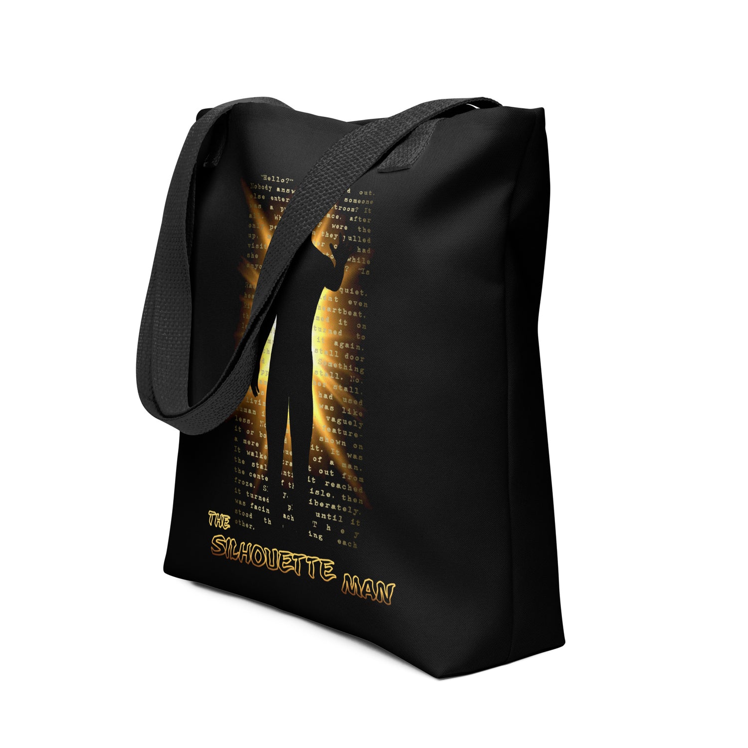 The Silhouette Man Tote bag featuring a bold silhouette design on a black canvas.