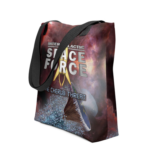 Intergalactic Space Force 2 tote bag featuring vibrant design and spacious structure for carrying essentials.