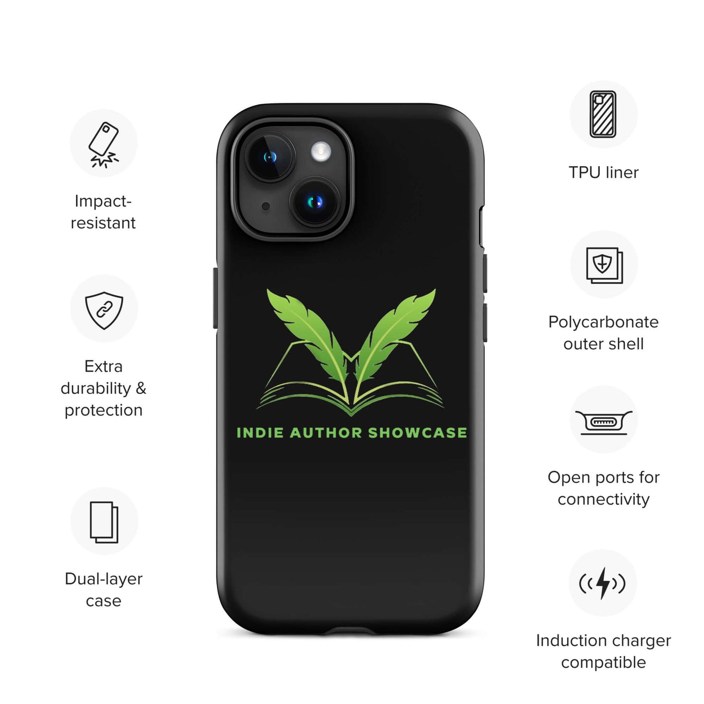 Indie Author Showcase Tough iPhone® case with podcast logo, dual-layer design, impact-resistant polycarbonate shell, and TPU liner