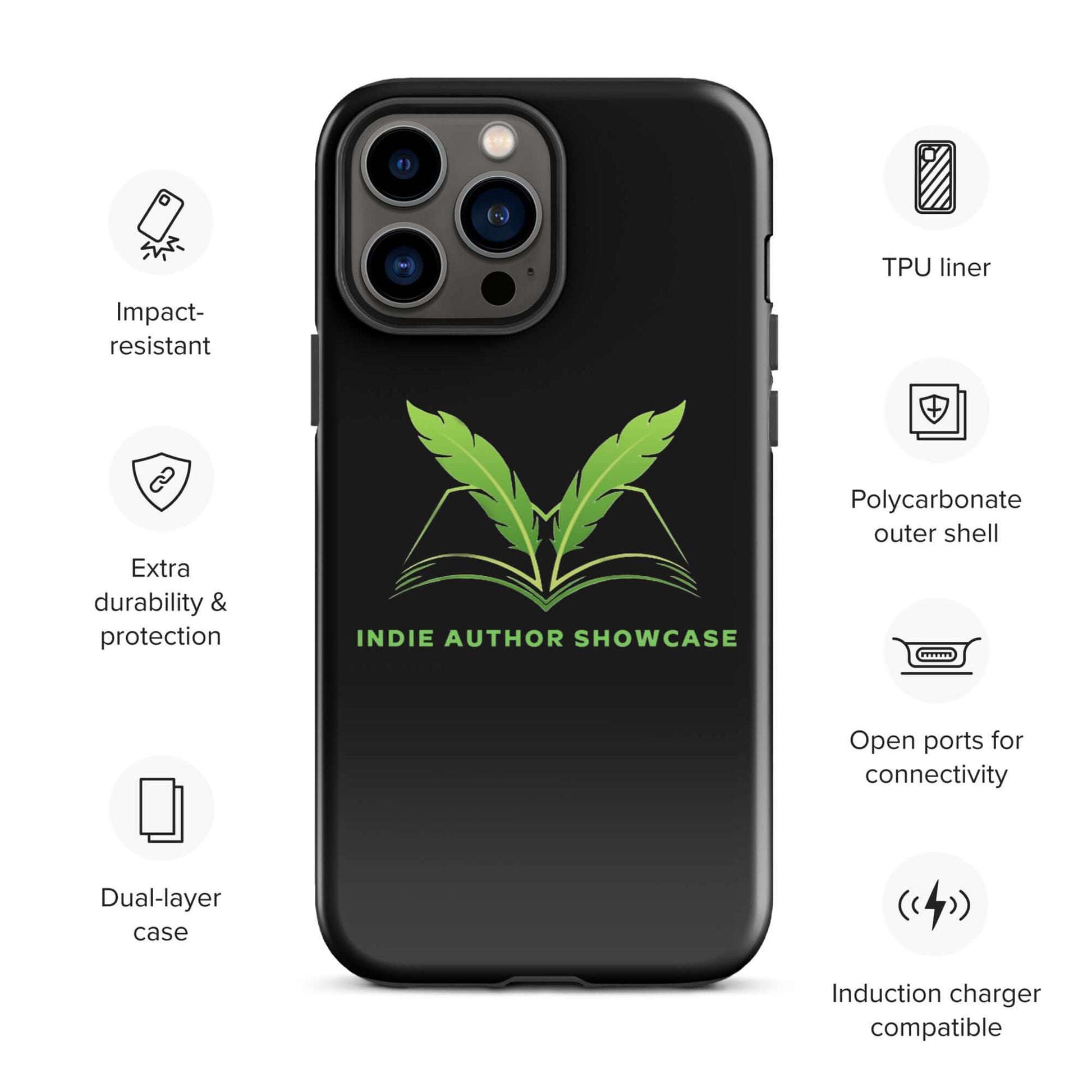 Indie Author Showcase Tough Case for iPhone® featuring iconic podcast logo, dual-layer protection with TPU liner and polycarbonate outer shell