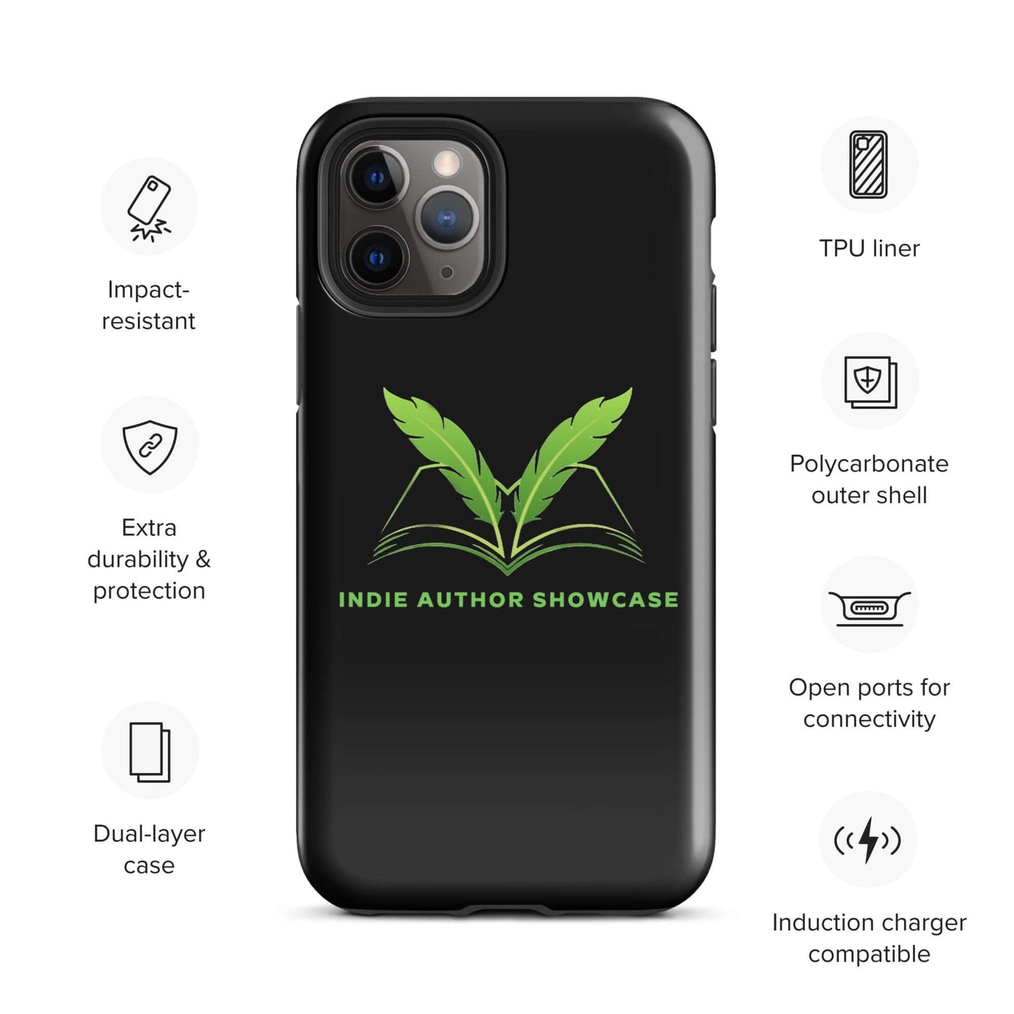 Indie Author Showcase tough case for iPhone with dual-layer design, polycarbonate shell, TPU liner, and iconic podcast logo for durability and style.