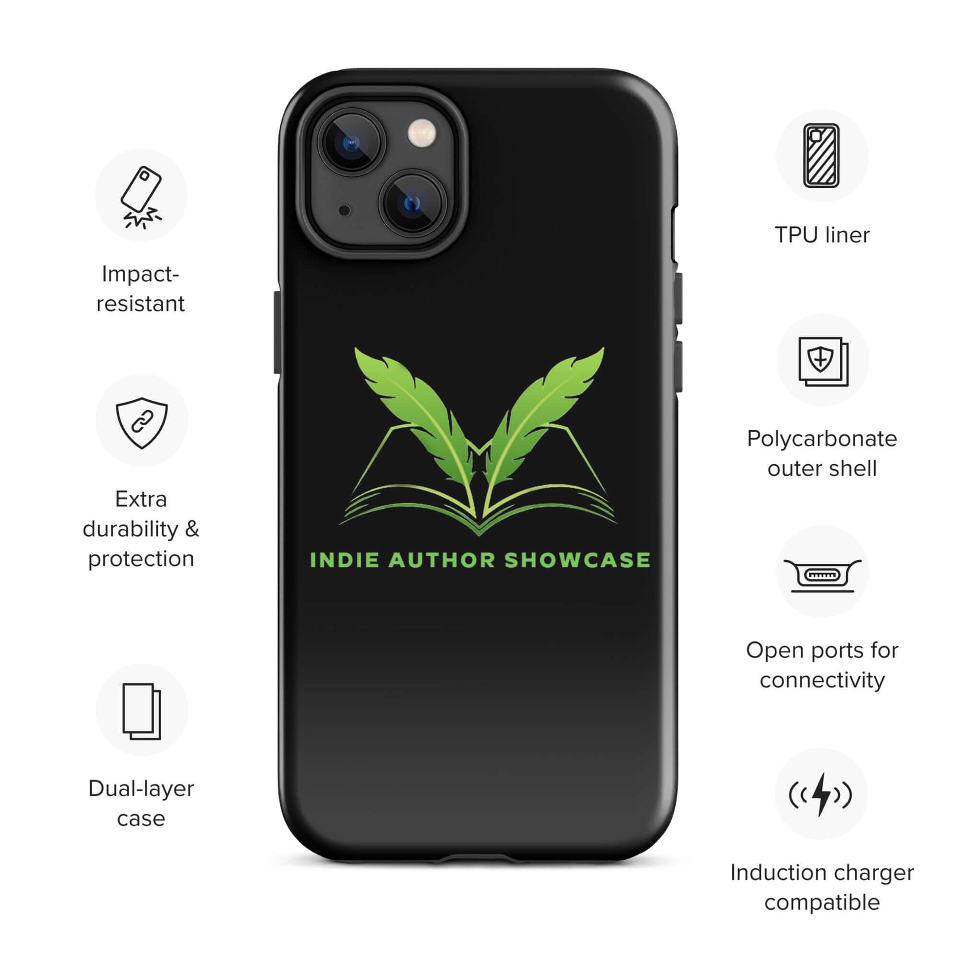 Indie Author Showcase Tough iPhone® Case with dual-layer protection, featuring an iconic logo and key benefits such as impact resistance.