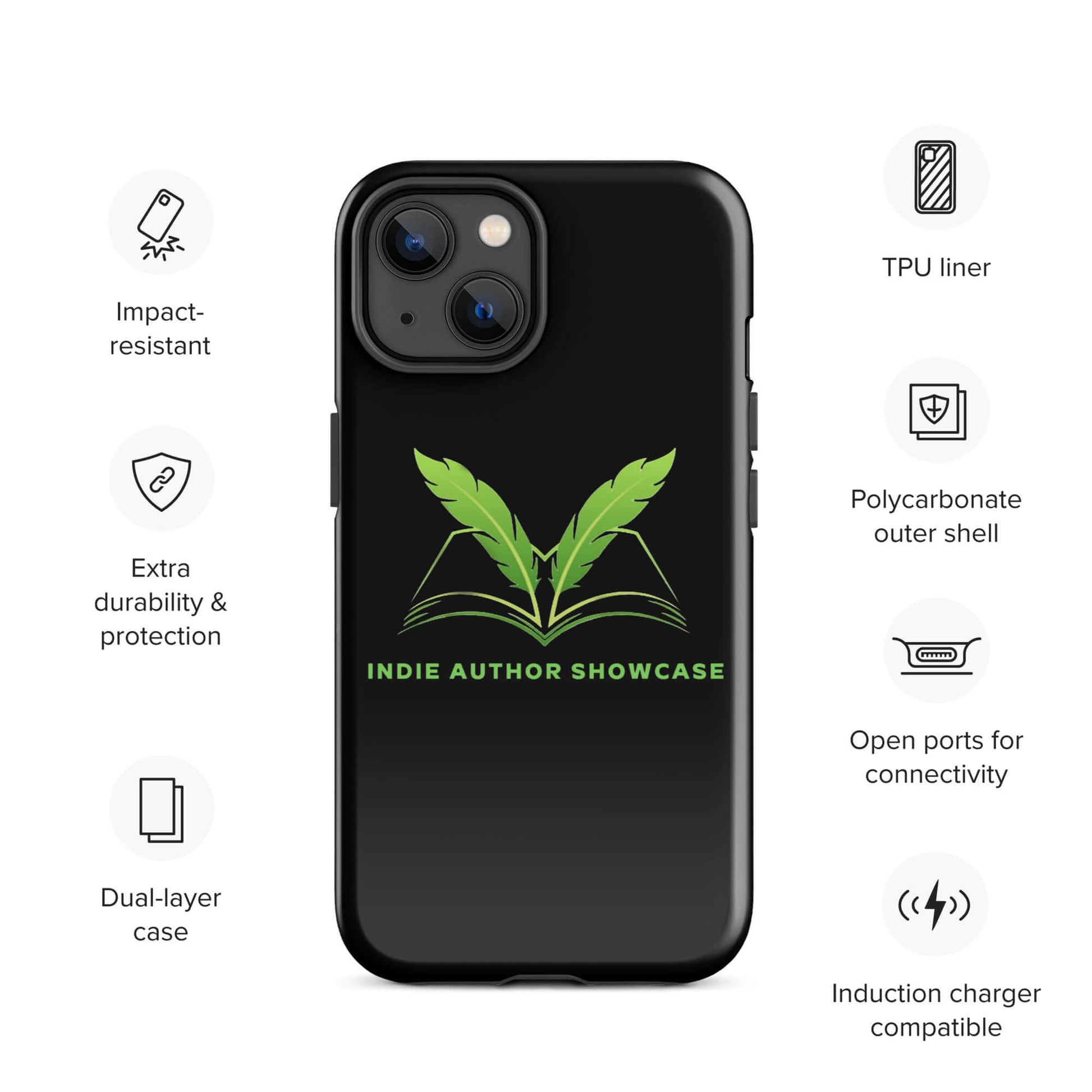 Indie Author Showcase iPhone® tough case with logo, dual-layer design, impact-resistant, induction charger compatible, extra durability.