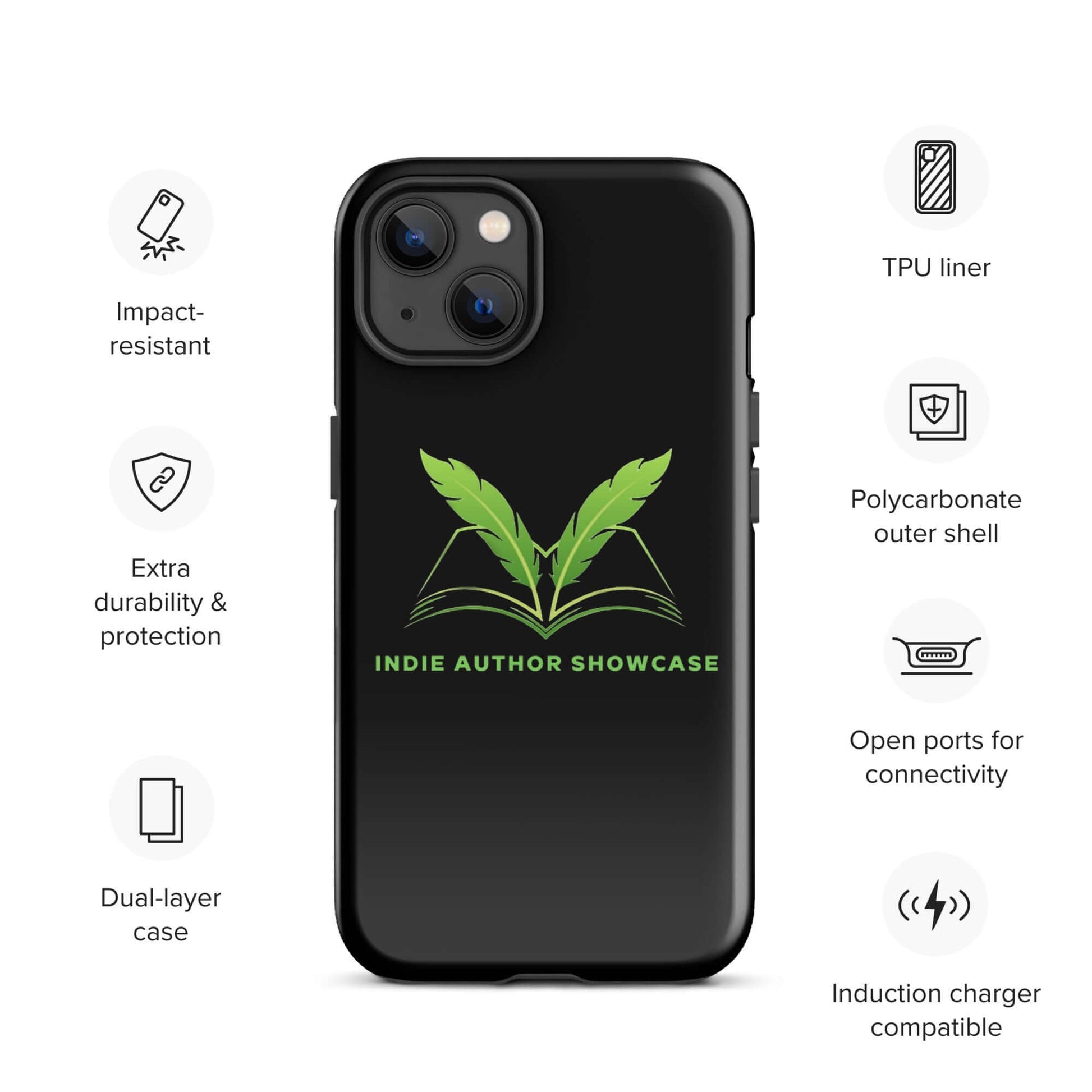 Indie Author Showcase iPhone Tough Case with dual-layer protection featuring impact-resistant polycarbonate shell and Indie Author Showcase logo