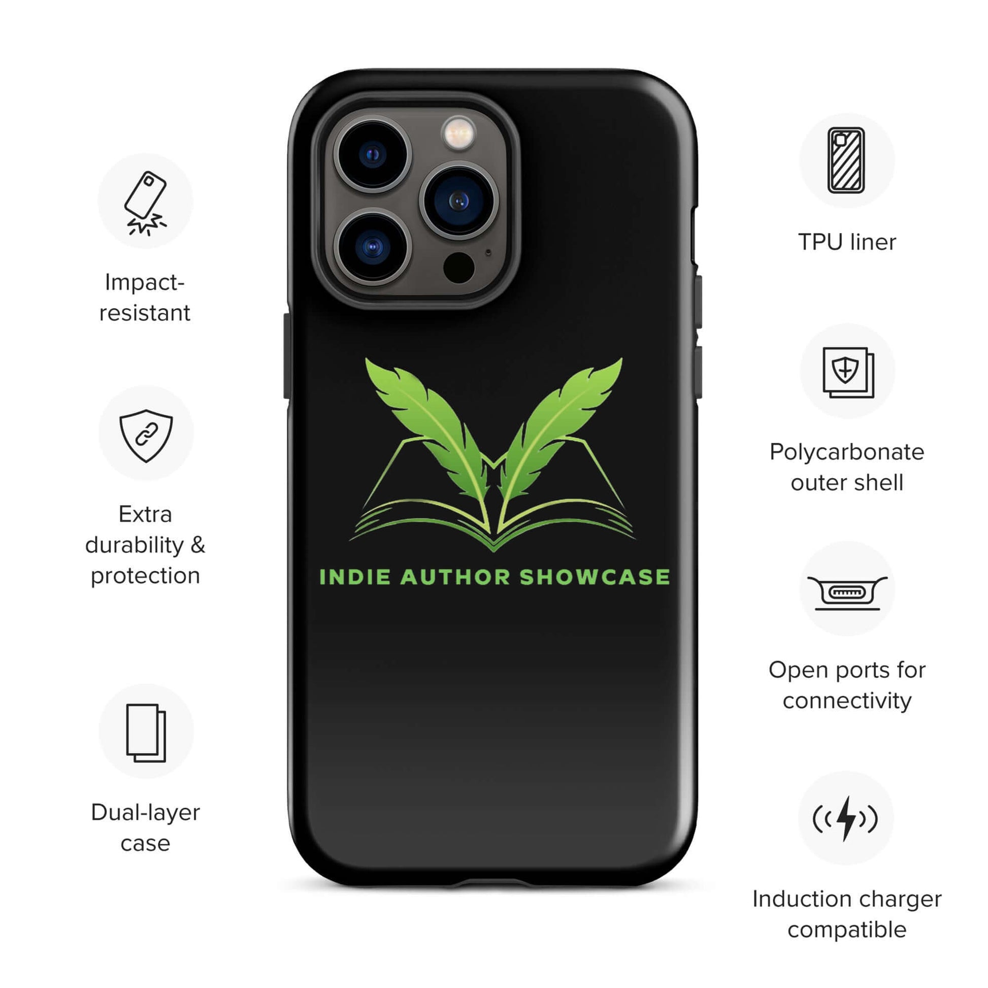 Indie Author Showcase Tough Case for iPhone® with dual-layer design featuring podcast logo, impact-resistant shell, and TPU liner for durability