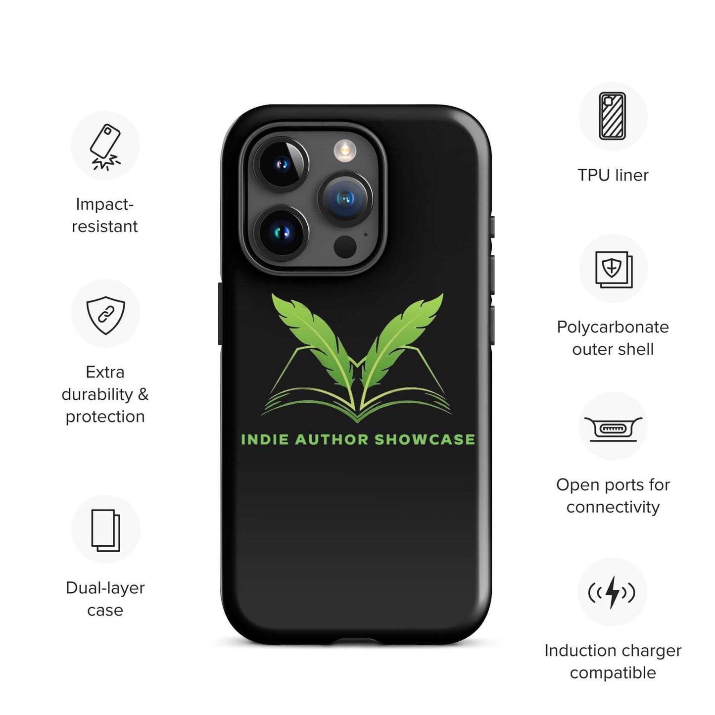 Indie Author Showcase Tough Case for iPhone with podcast logo, featuring dual-layer design, impact-resistant polycarbonate, and TPU liner