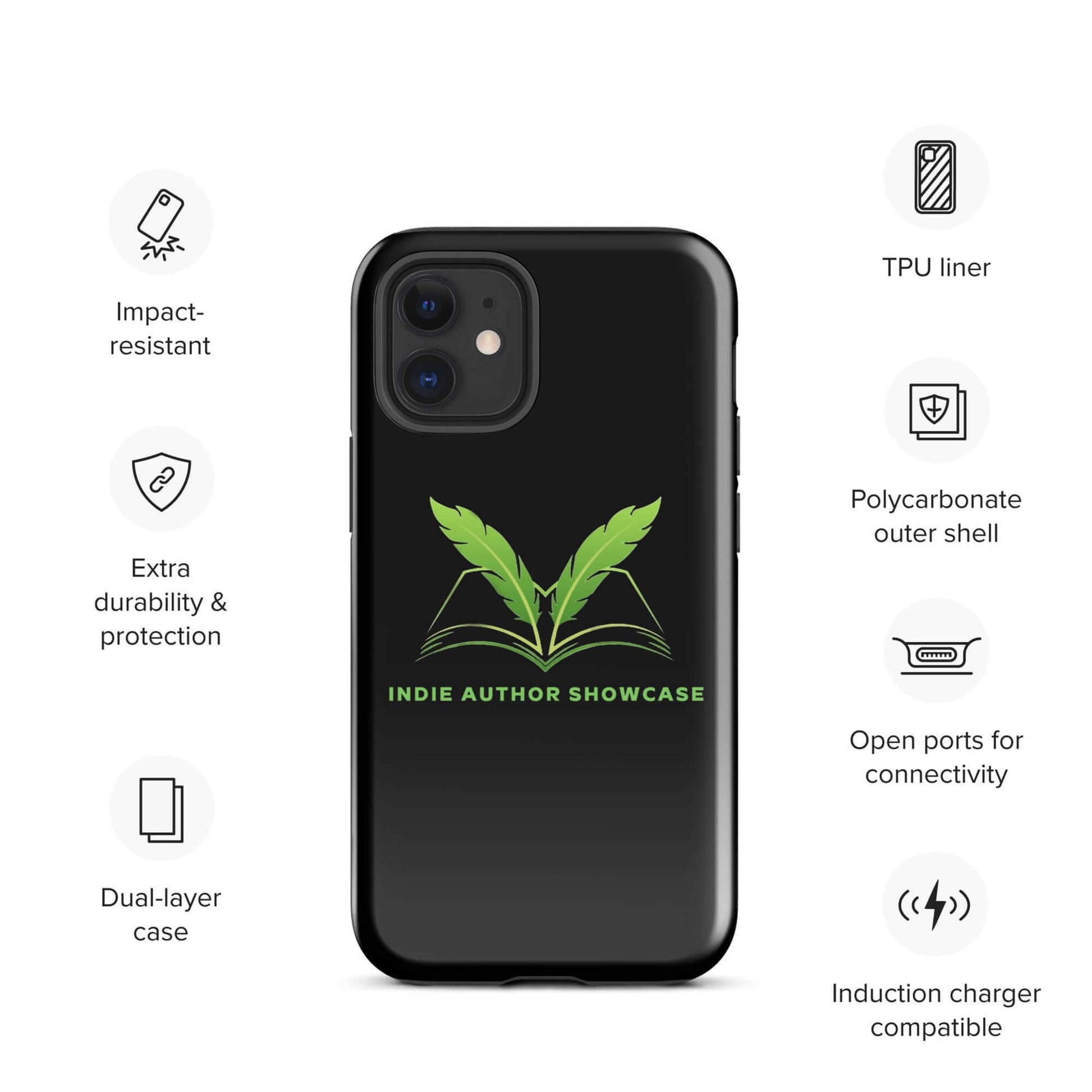 Indie Author Showcase Tough Case for iPhone with dual-layer protection, featuring the podcast logo and key features like impact resistance and TPU liner.