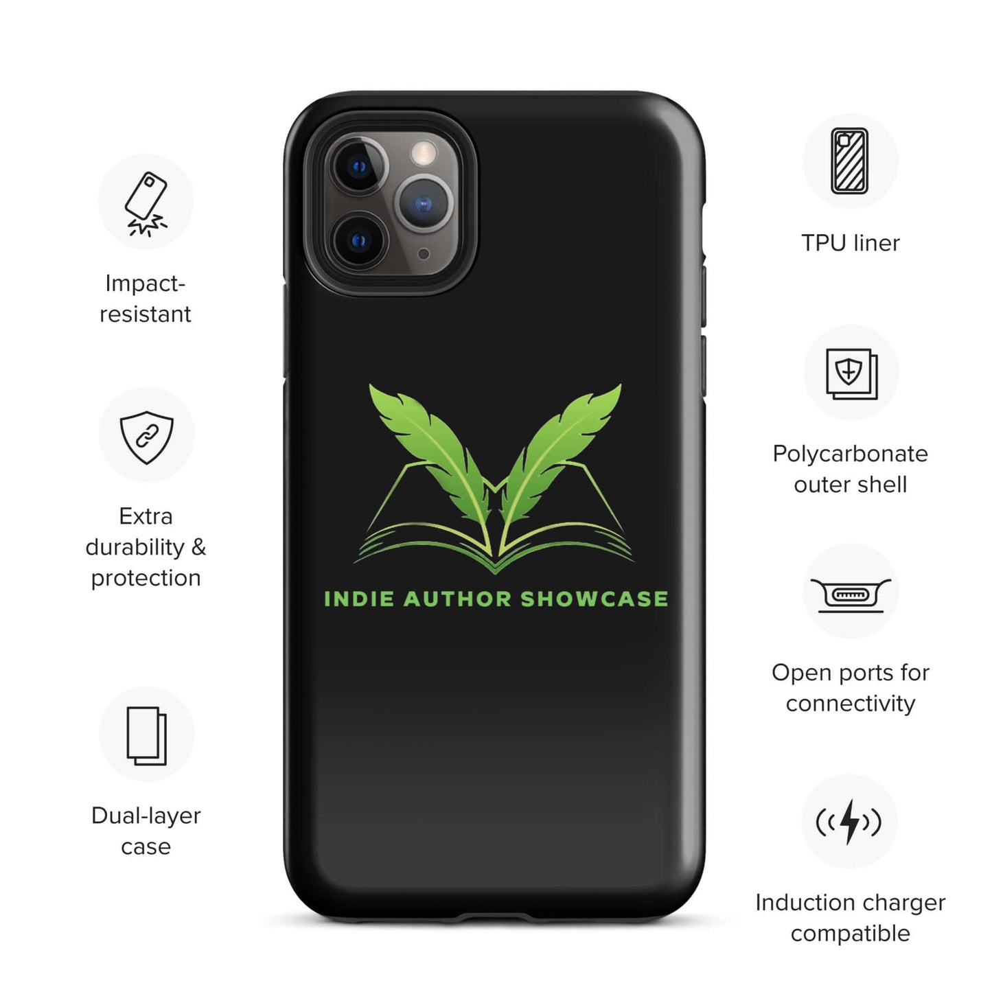 Indie Author Showcase tough iPhone® case with dual-layer protection, impact-resistant polycarbonate, shock-absorbing TPU liner, and induction charger compatibility.