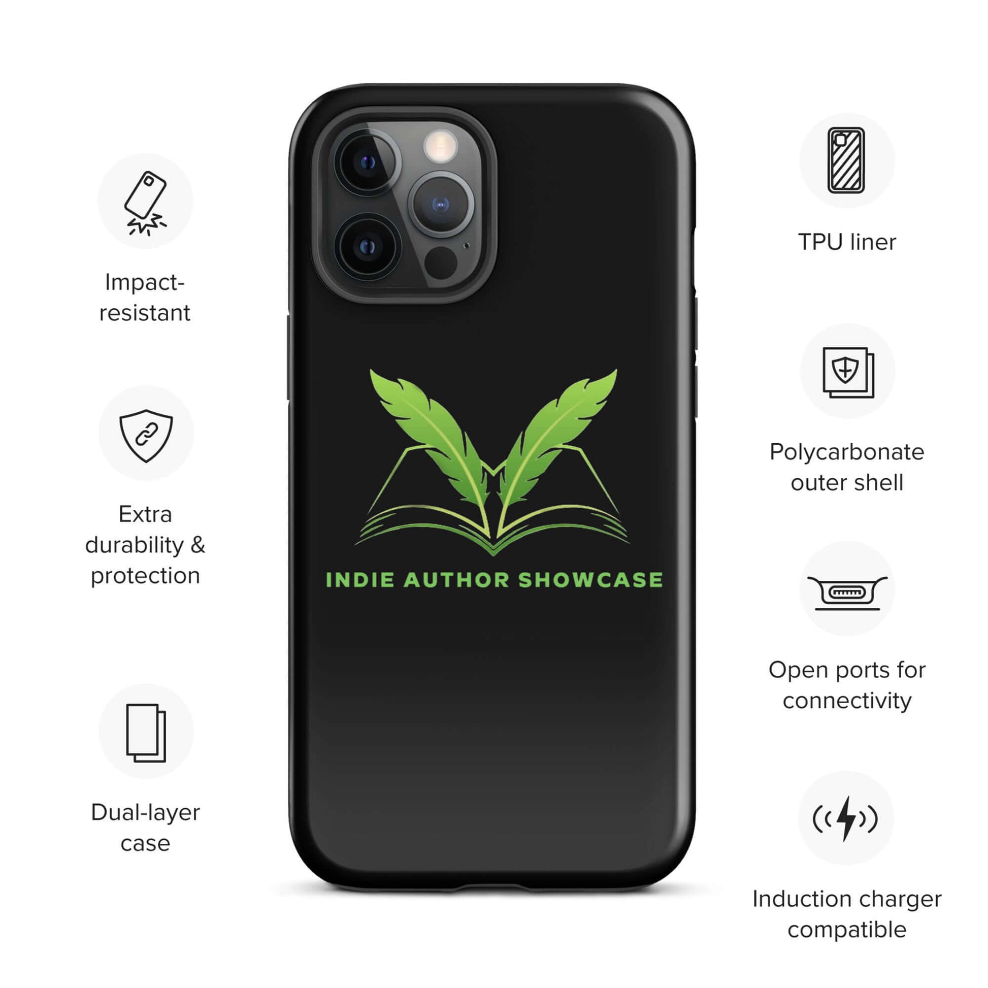 Indie Author Showcase Tough iPhone® Case with Logo, Polycarbonate Shell, TPU Liner, Dual-Layer Design, Impact-Resistant, Induction Charger Compatible