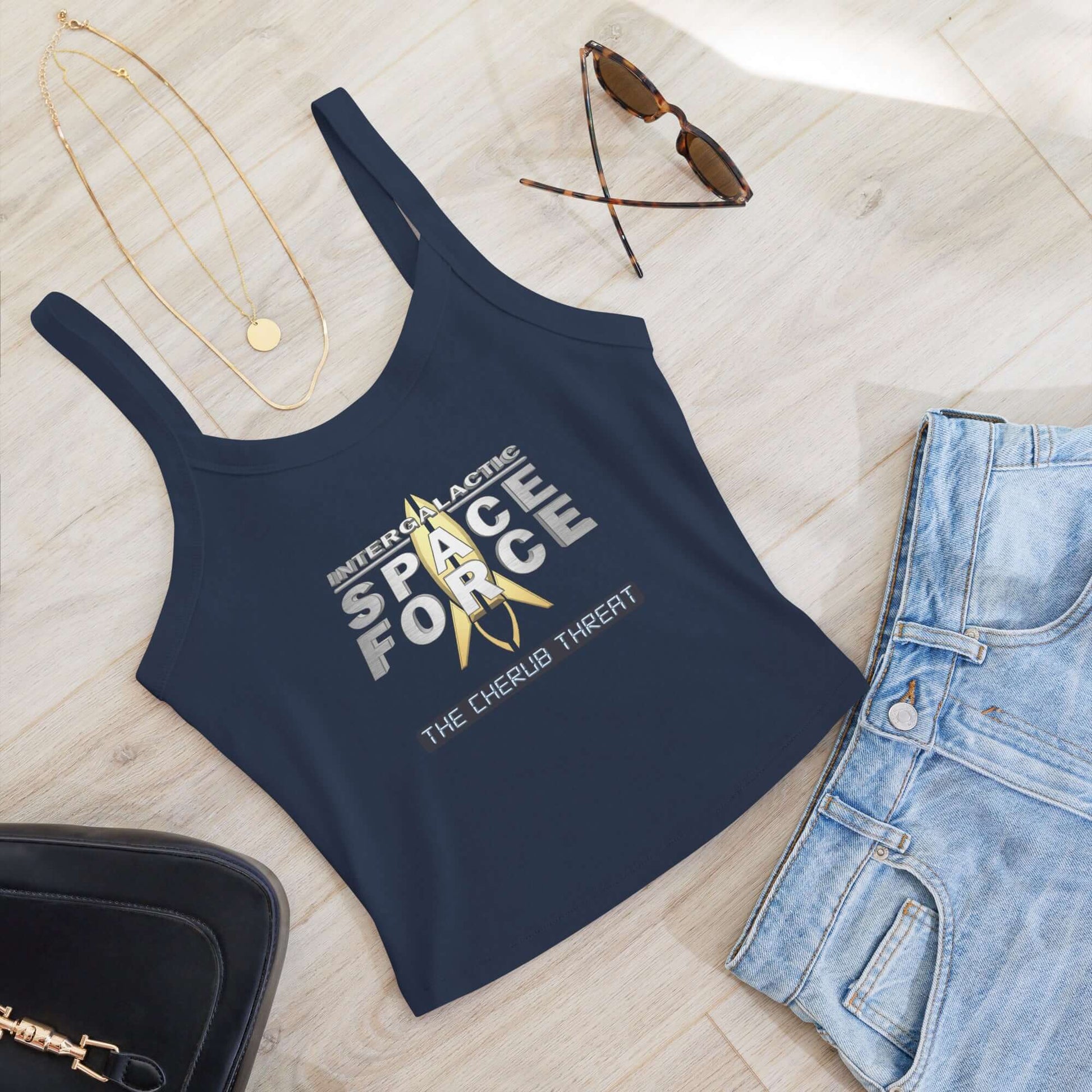 Women's Micro-Rib Tank Top - Intergalactic Space Force 2 Design, Paired with Sunglasses and Denim Jeans