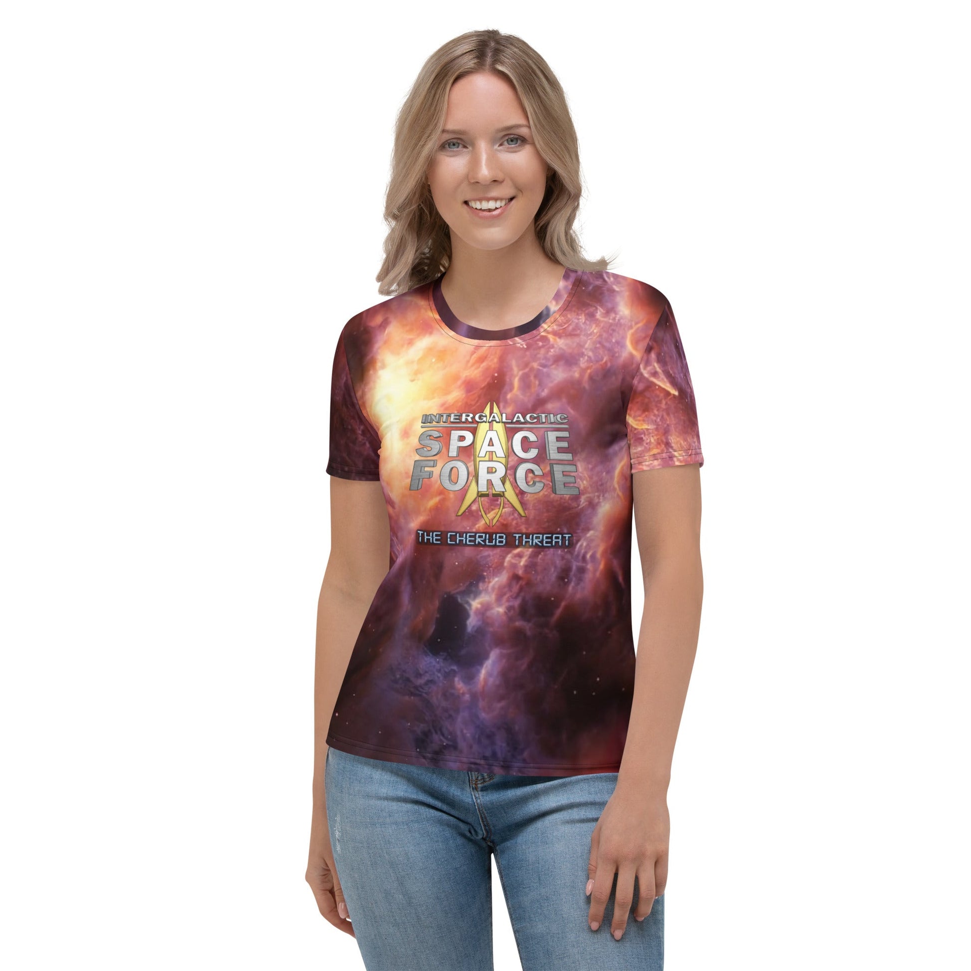 Women's All-Over Print T-shirt | Intergalactic Space Force | Nebula - Spectral Ink Shop - Shirts & Tops -6893719_8884