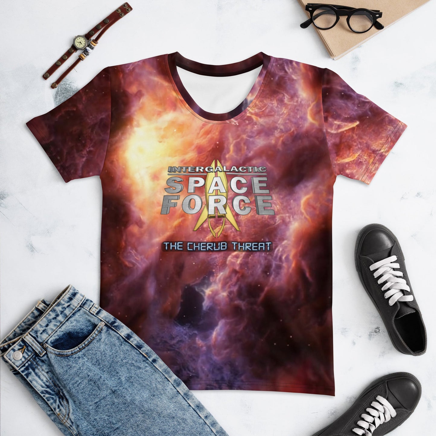 Women's All-Over Print T-shirt | Intergalactic Space Force | Nebula - Spectral Ink Shop - Shirts & Tops -